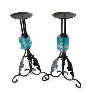 Pair of metal and turquoise glass candle holders 14"